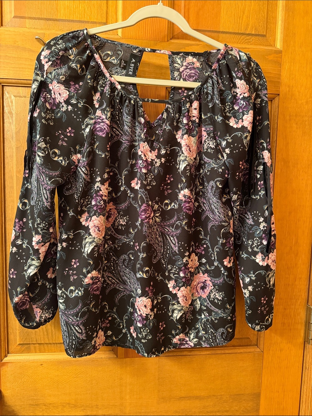 A. Byer Black Floral Paisley Peasant Blouse